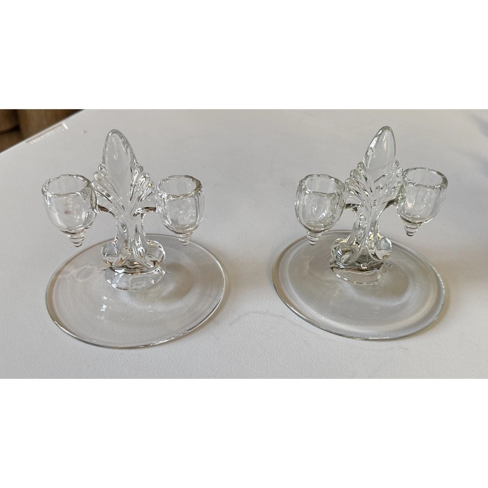 Pair‎ Viking New Martinsville Janice Fleur de Lis Deco Double Taper Candlesticks
